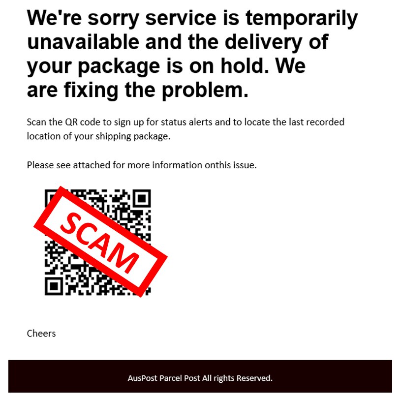 A QR code phishing example where a headline tells the customer there’s been a problem with a delivery. The reader is then asked to scan a QR code for updates.