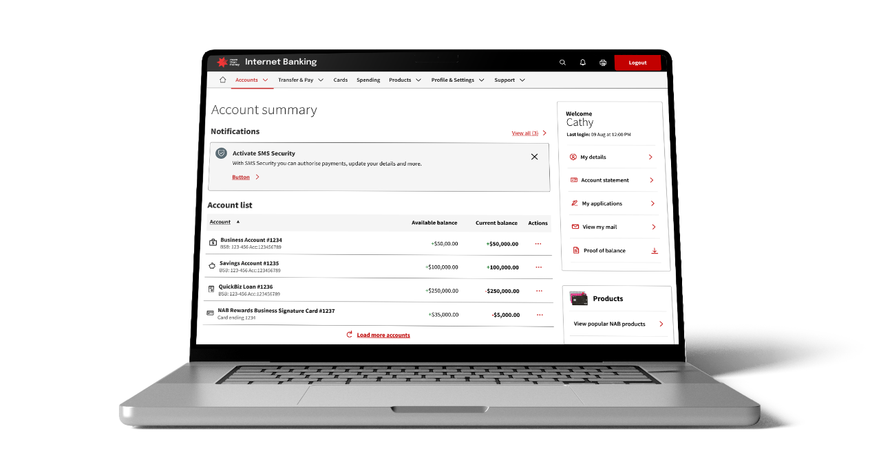 NAB Internet Banking business account summary example