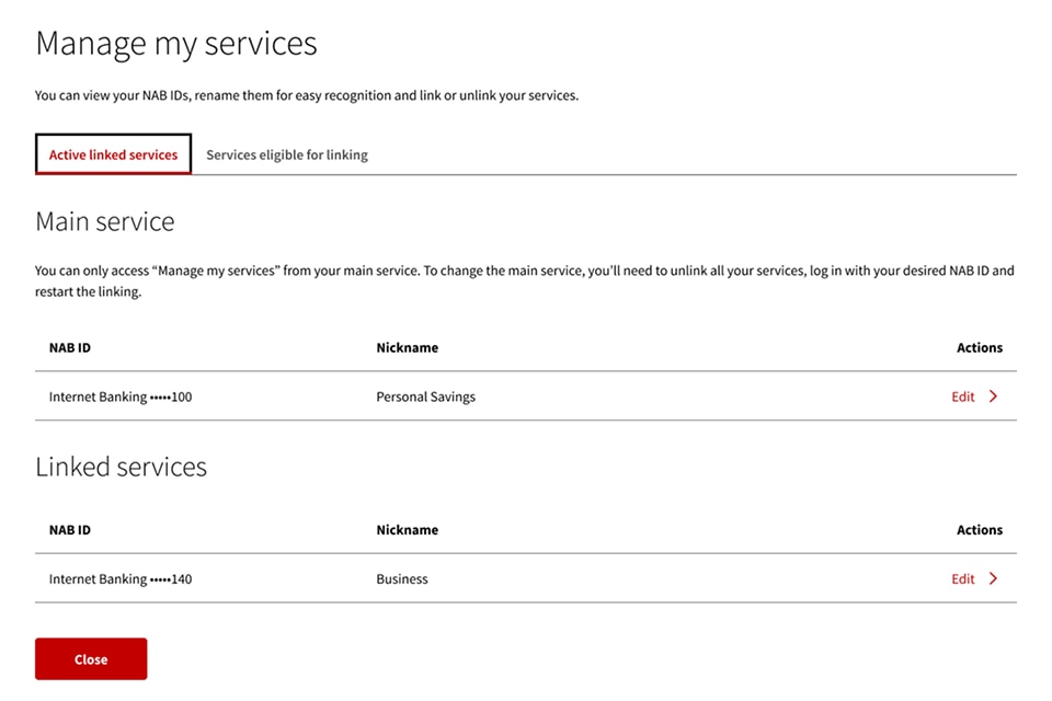 Link and Switch between NAB IDs - Manage my services